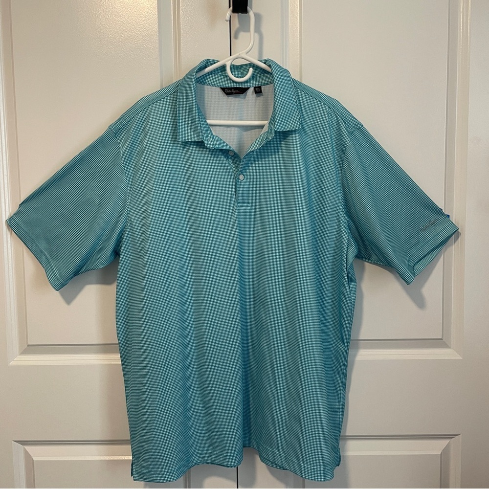 Walter Hagen Men XXL Golf Polo Aqua Blue Microcheck Moisture Wicking Performance